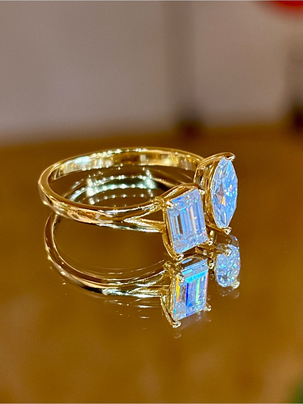 New 18K Gold Plated Toi-et-moi Marquise/Emerald cut Moissanite ring - Picture 7 of 7